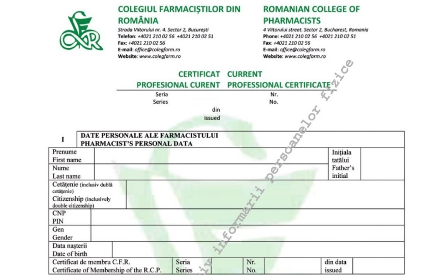 Colegiul Farmaciştilor a schimbat modelul de certificat profesional curent