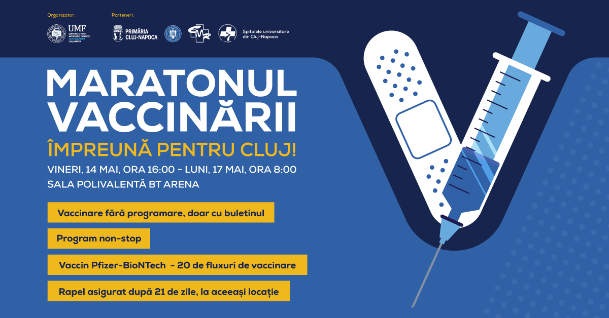 Vineri, 14 mai, UMF “Iuliu Haţieganu” va da startul maratonului vaccinării de la Cluj-Napoca