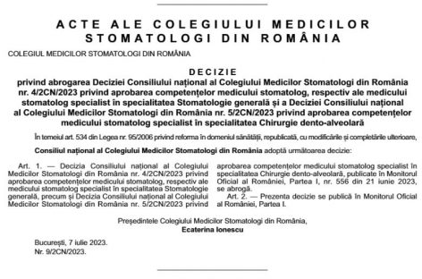 Abrogarea deciziilor emise de Colegiul Medicilor Stomatologi, publicată în Monitorul Oficial