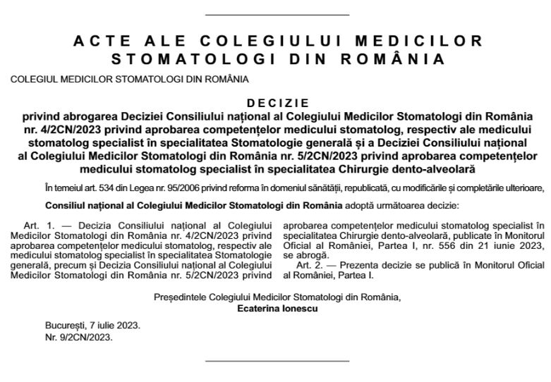 Abrogarea deciziilor emise de Colegiul Medicilor Stomatologi, publicată în Monitorul Oficial